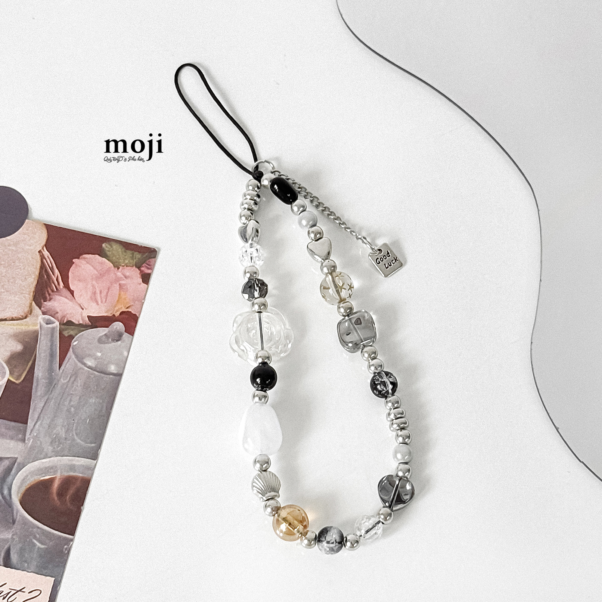 Dây đeo điện thoại Flower hoa trong suốt trái tim vỏ sò good luck