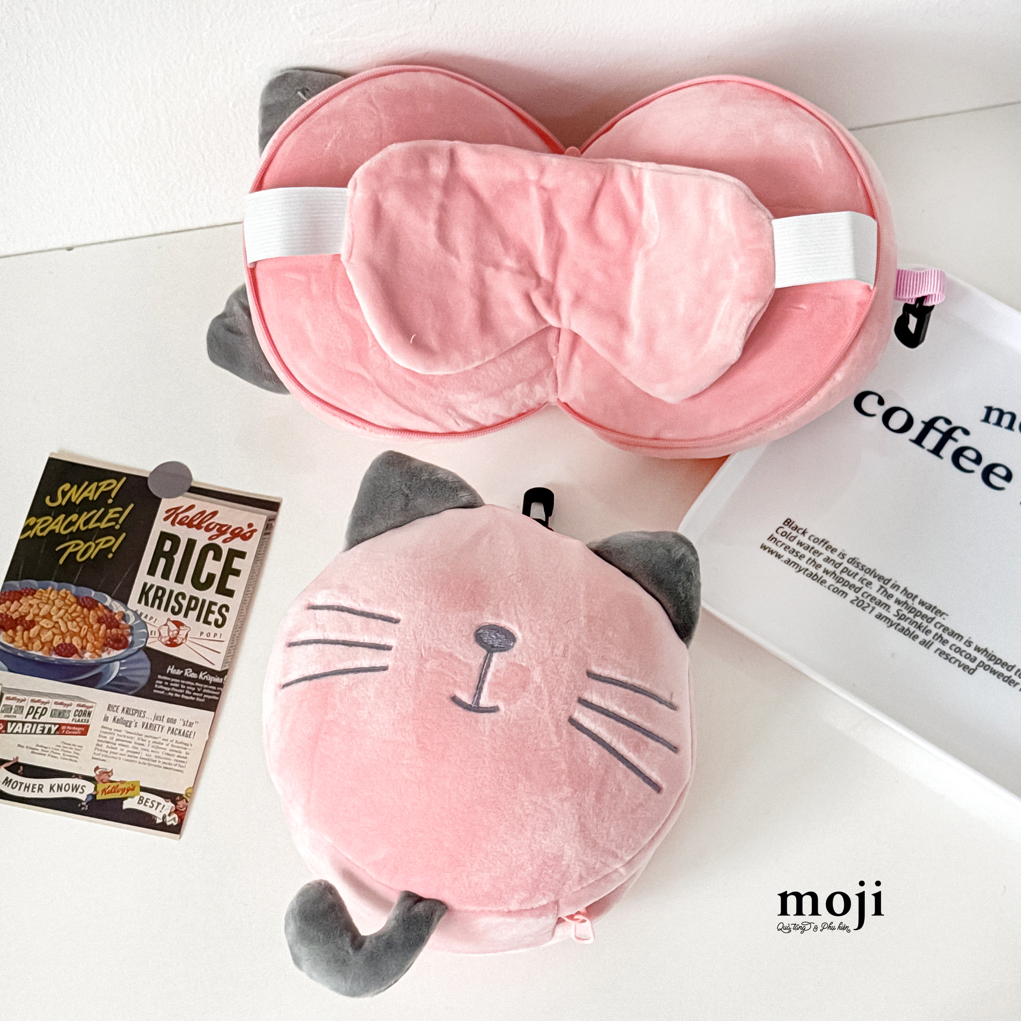 Gối kê cổ kèm bịt mắt gấp gọn Cute cat face có tai đuôi dài phối màu