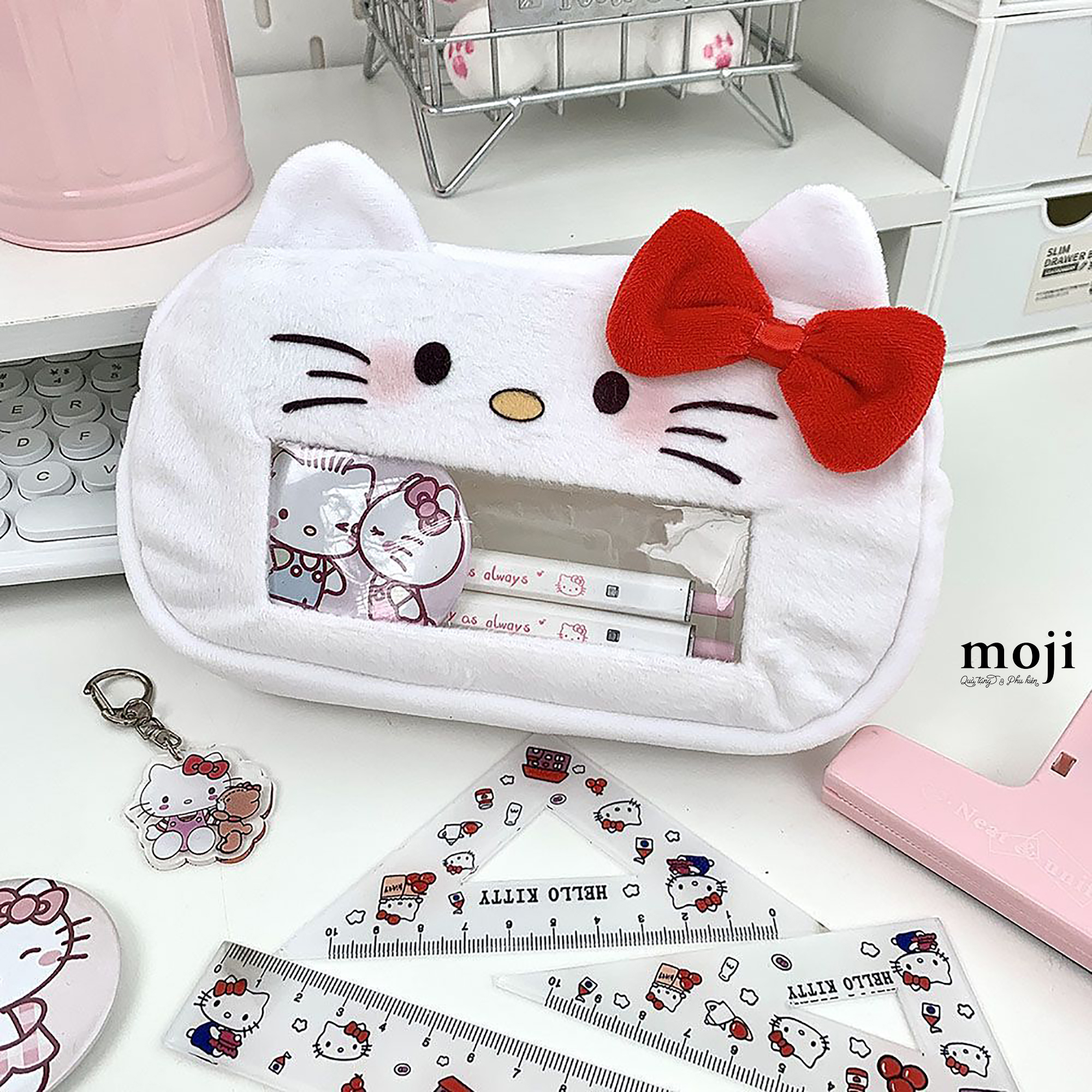 Hộp bút lớn Sanrio family Hello Kitty face có tai đeo nơ 5x10x19