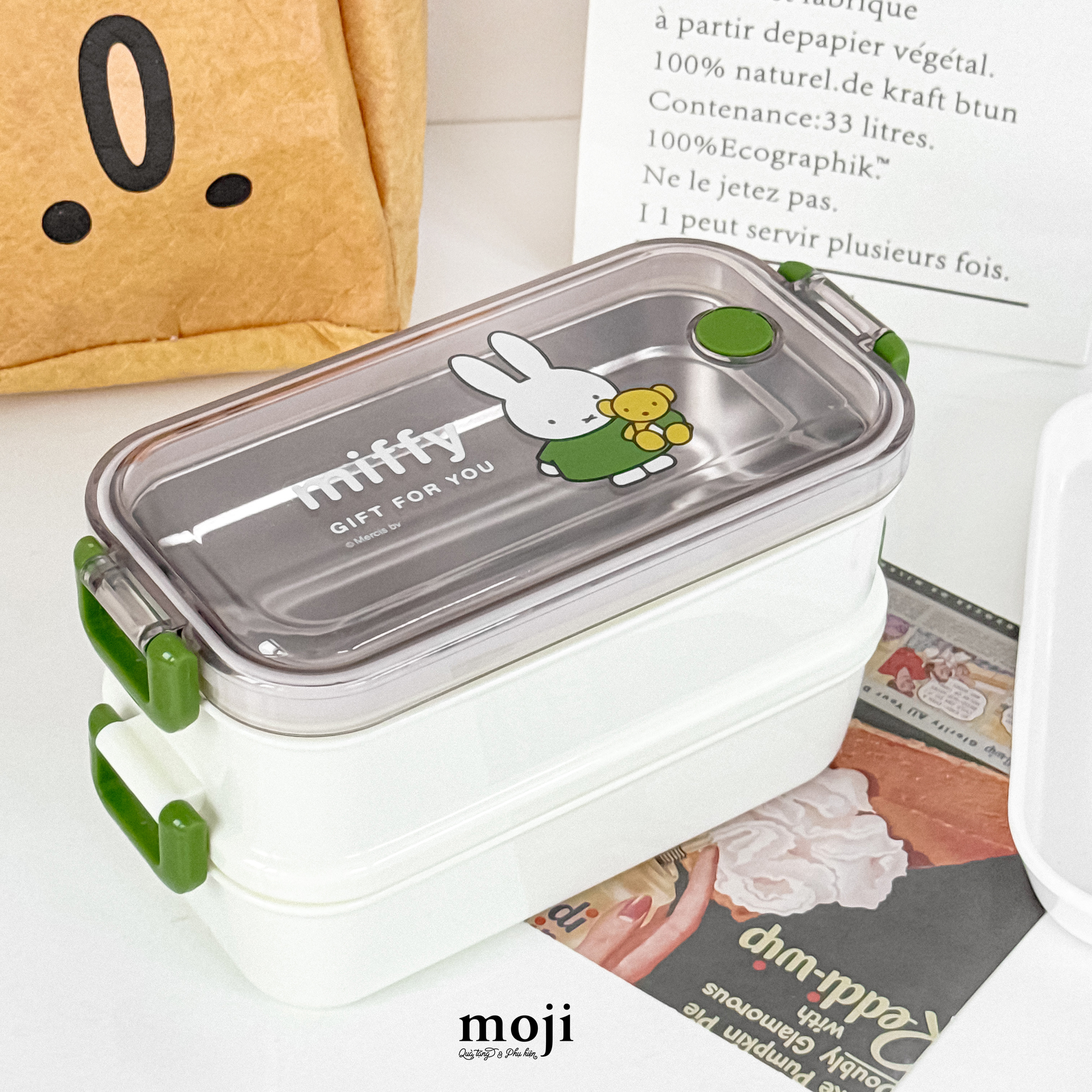 Hộp cơm inox Miffy rabbit gift for you 2 tầng 9x11x18