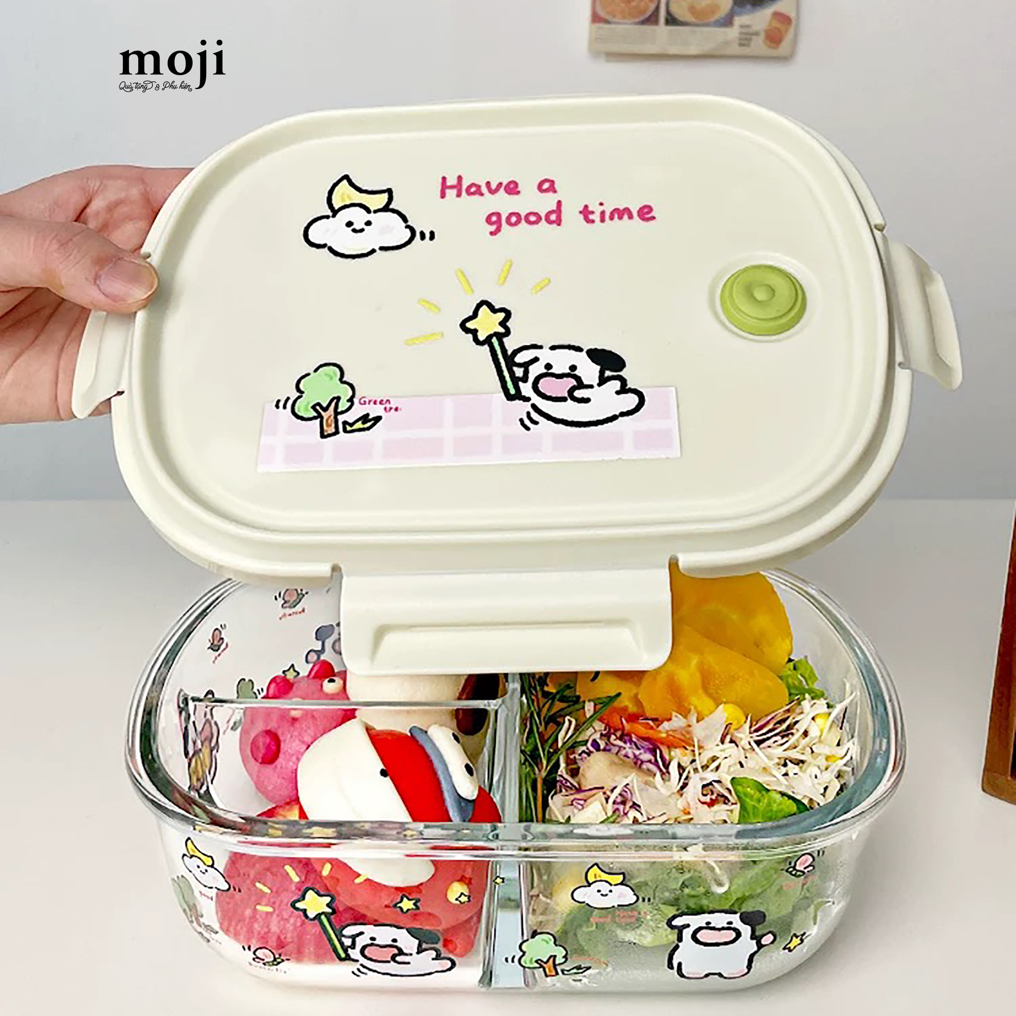 Hộp cơm thủy tinh Cute animal have a good time 3 ngăn 8x15x20