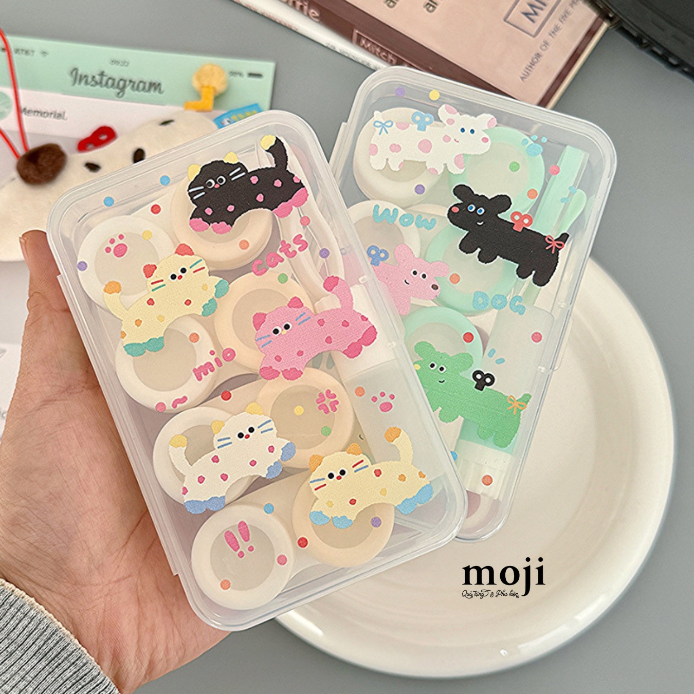 Hộp đựng lens Cute cat dog chấm bi màu sắc set4