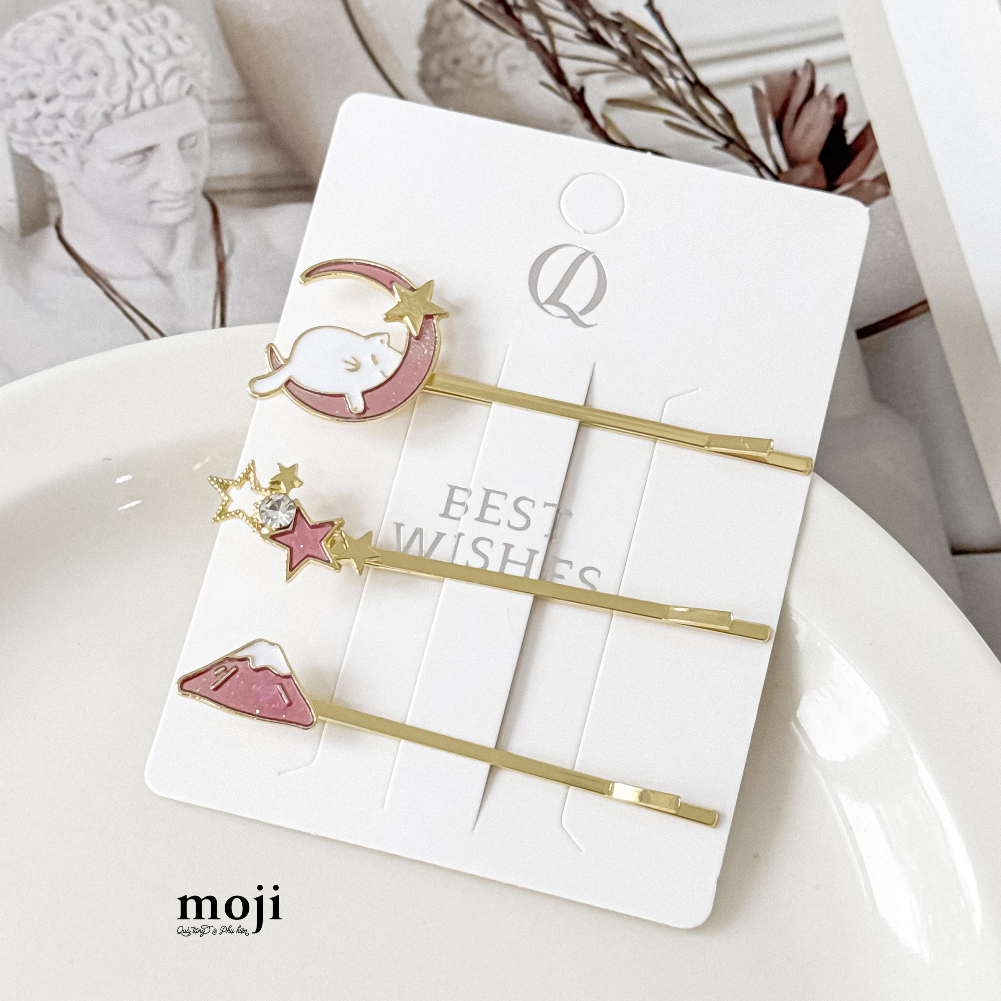 Kẹp tóc kẹp tăm Cat moon star mountain đính đá set3