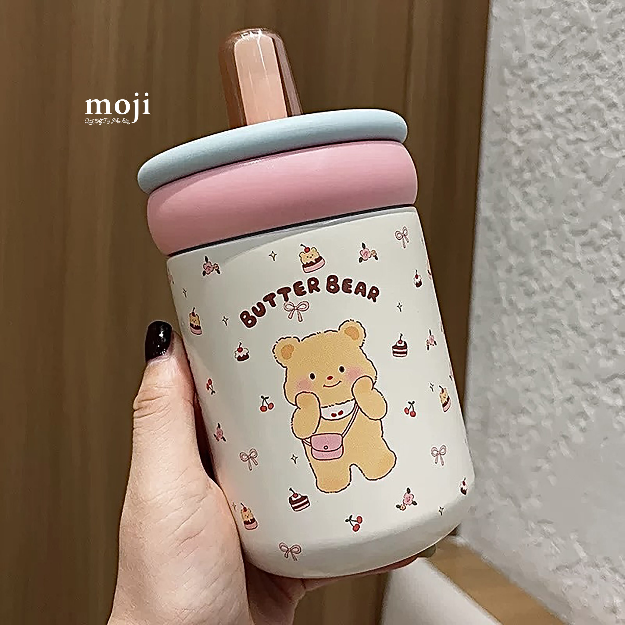 Ly cốc giữ nhiệt Butter bear bow cake fruit kèm ống hút 500ml