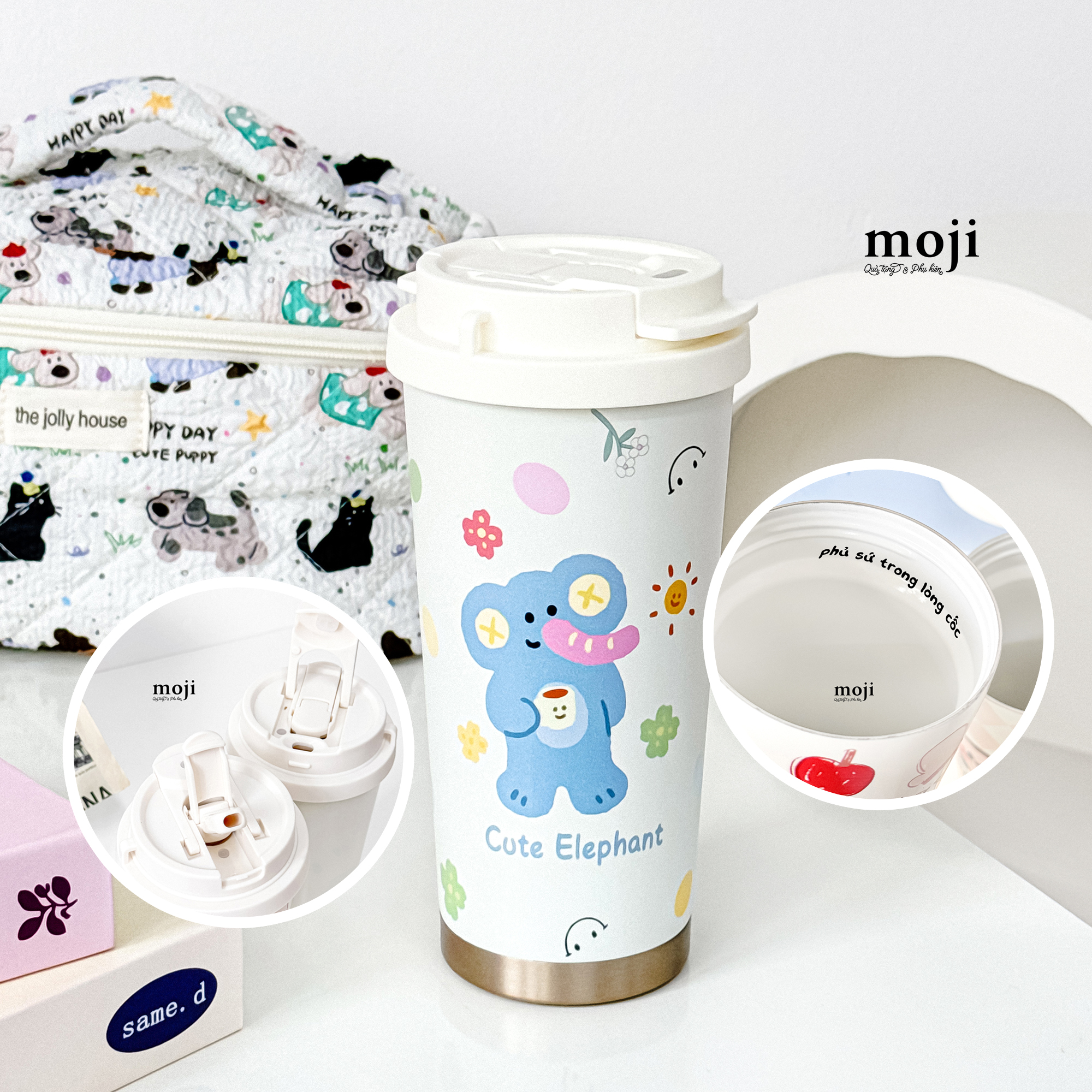Ly cốc giữ nhiệt phủ sứ Cute elephant happy dog flower 500ml