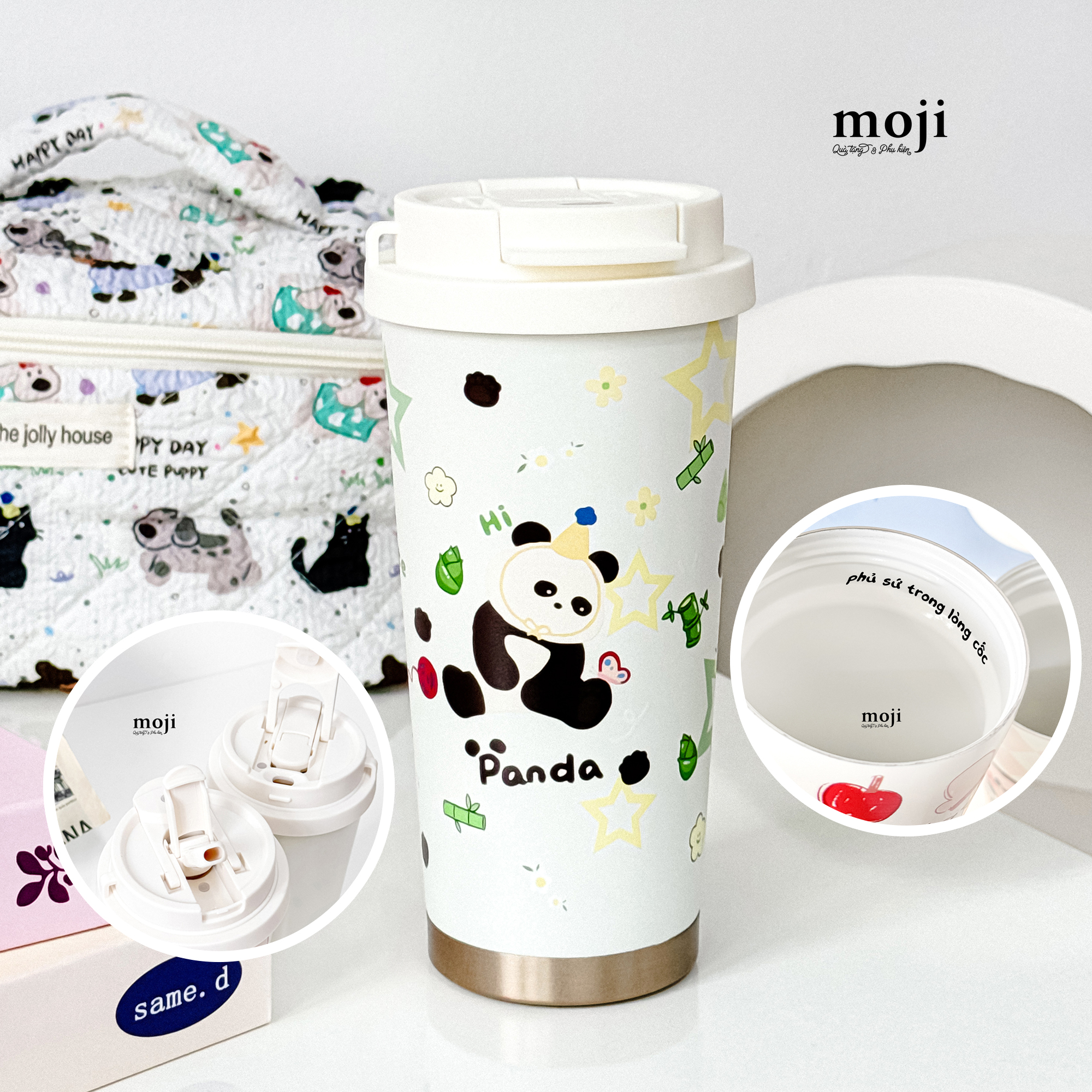 Ly cốc giữ nhiệt phủ sứ Gấu trúc Panda bear đội mũ party ngồi 500ml