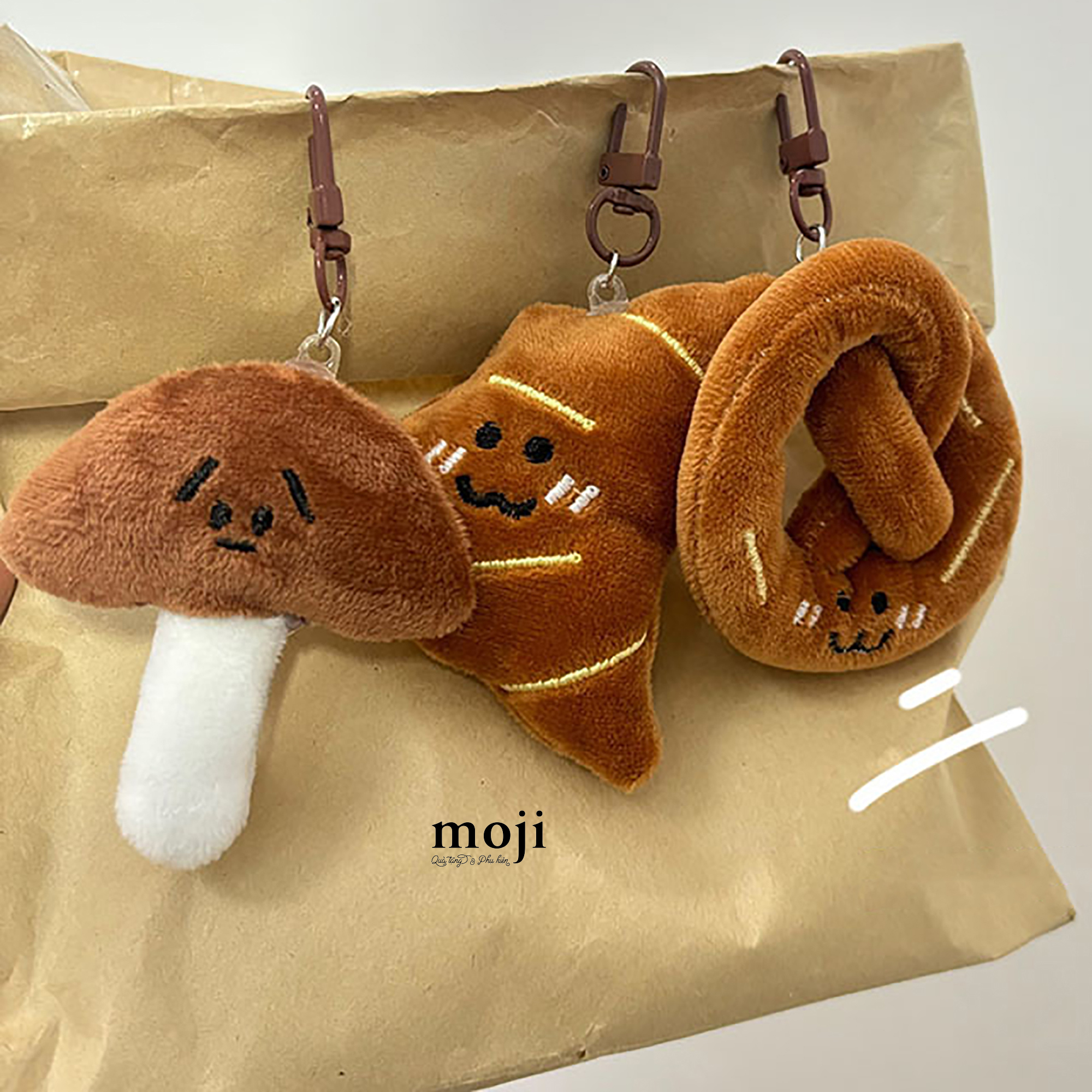 Móc khóa nhồi bông Croissant bánh sừng bò prezel bánh xoắn biểu cảm