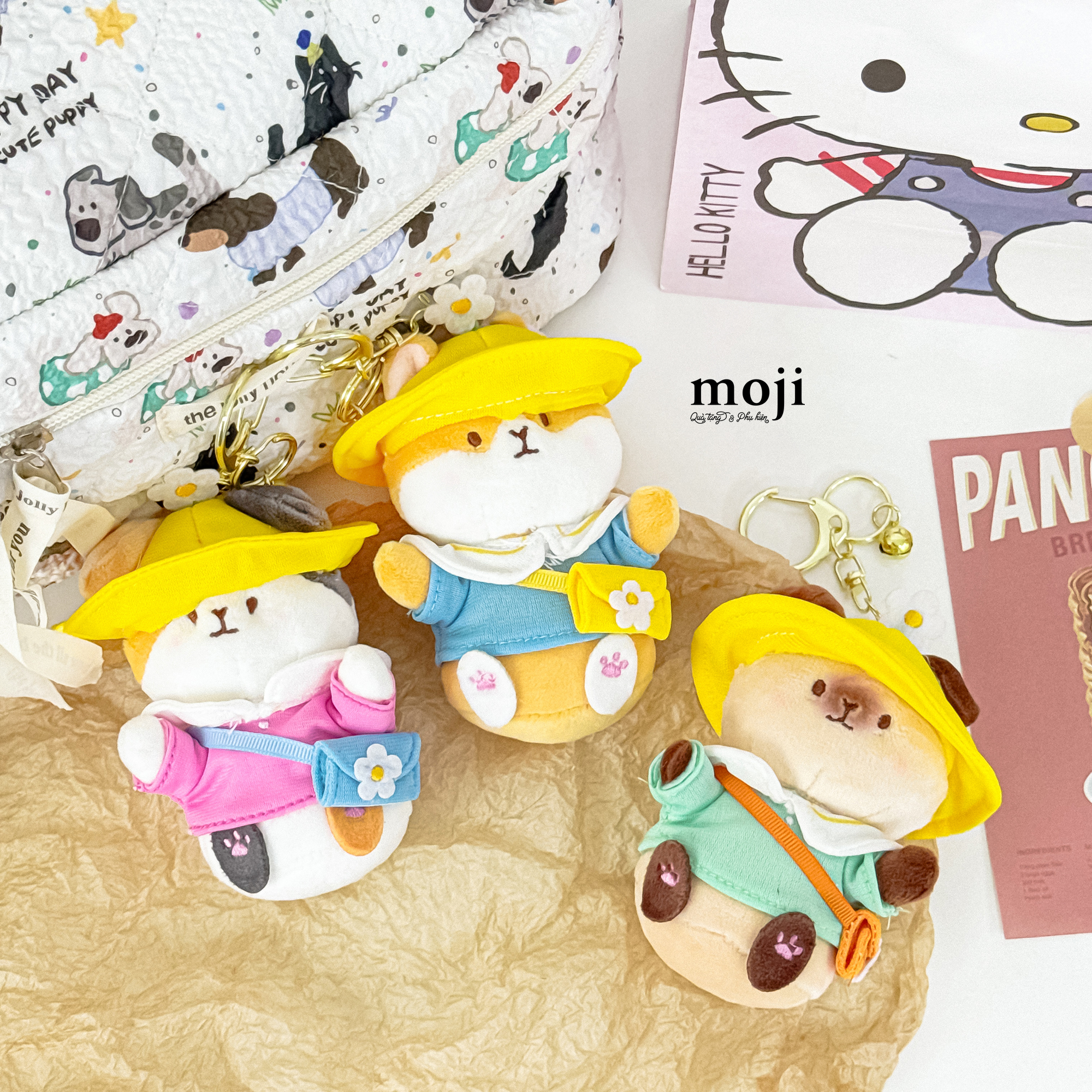 Móc khóa nhồi bông Cute animal đeo túi đội mũ hoa nhỏ