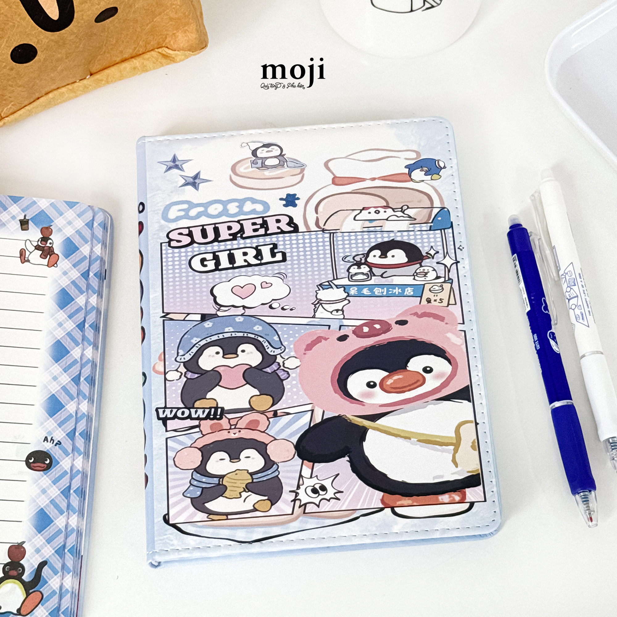 Sổ vở cao cấp bọc da Penguin chim cánh cụt super girl story 15x20