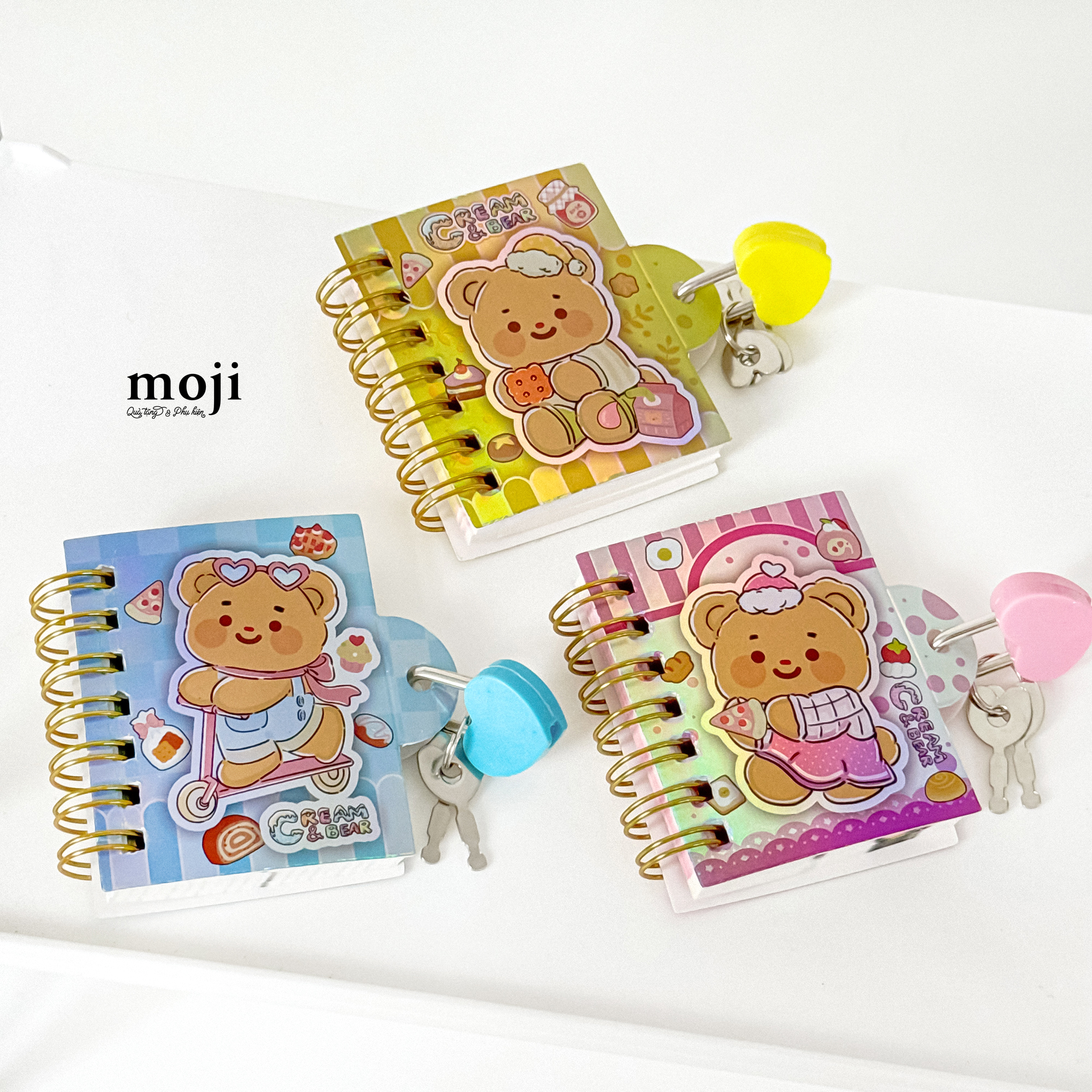 Sổ vở lò xo mini MJ Cream bear love food kèm ổ khóa mini 7x7