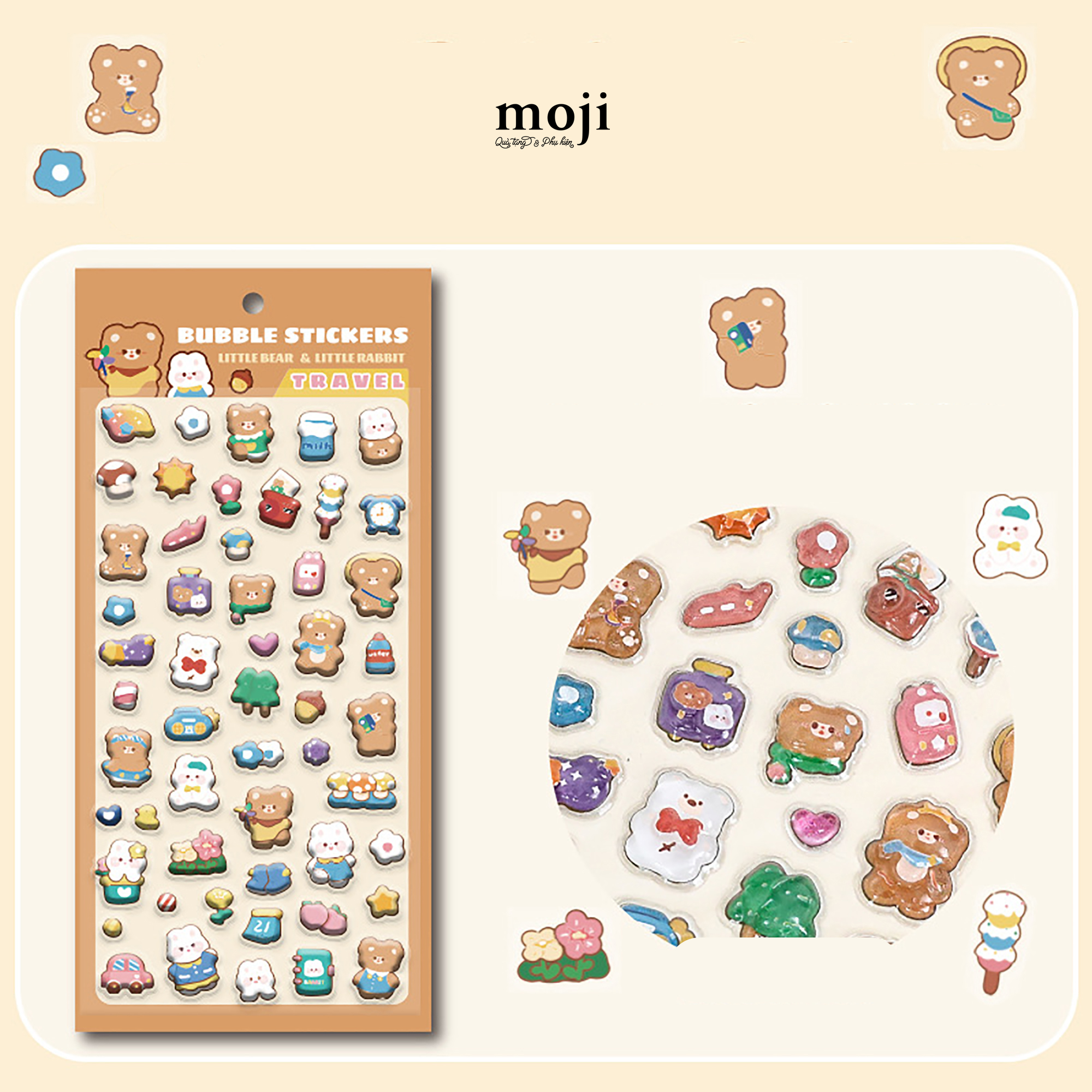Sticker nổi Baby bear rabbit travel