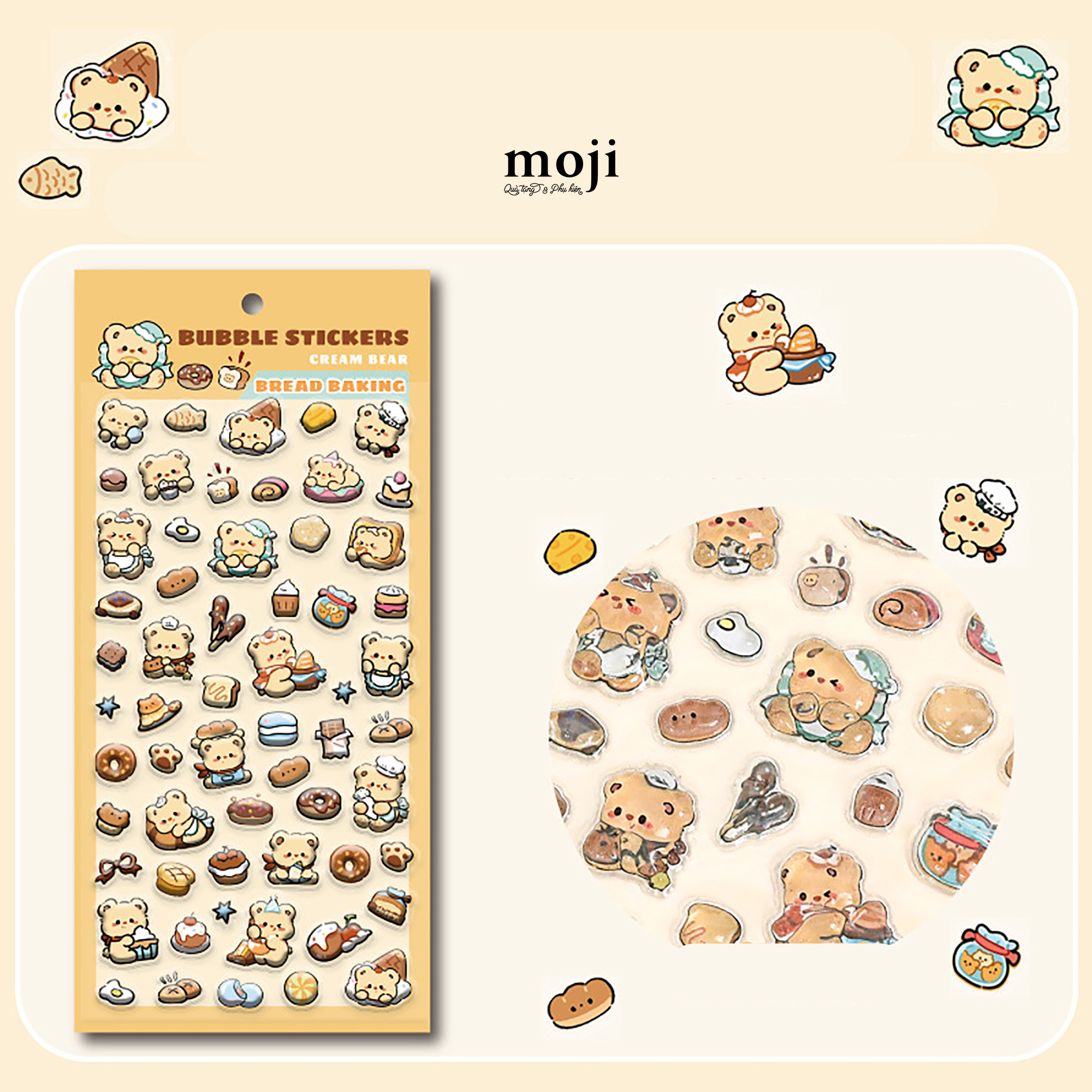 Sticker nổi Cream bear bread baking