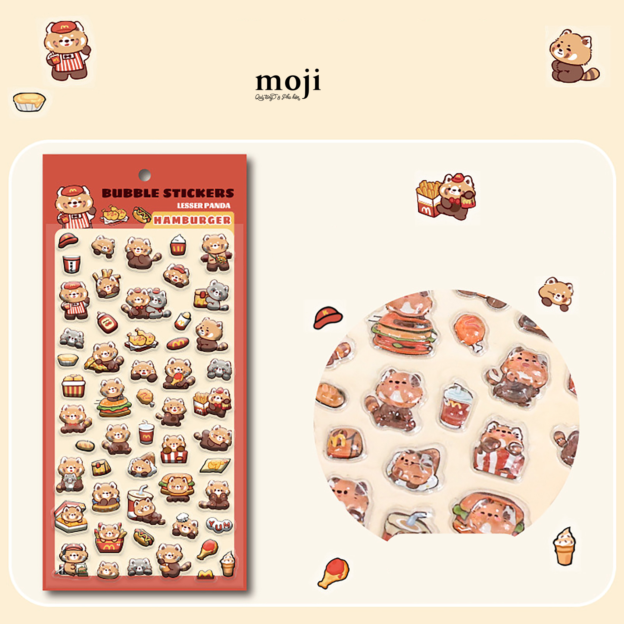 Sticker nổi Gấu trúc đỏ Red Panda hamburger