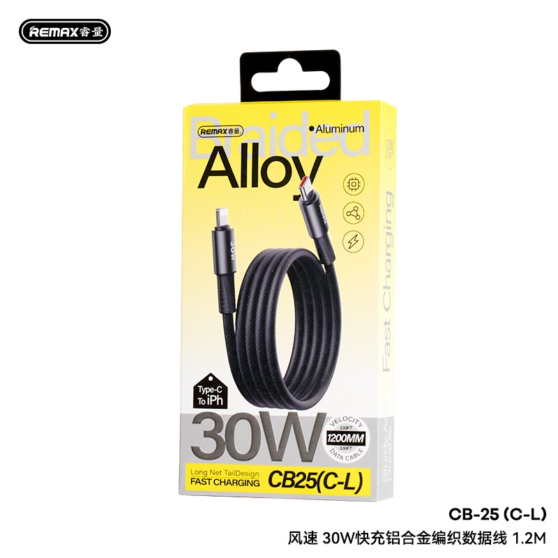 Cáp bọc dù 30w REMAX Velocity sạc nhanh và truyền dữ liệu 1.2M aluminum alloy braided CB25 C-L