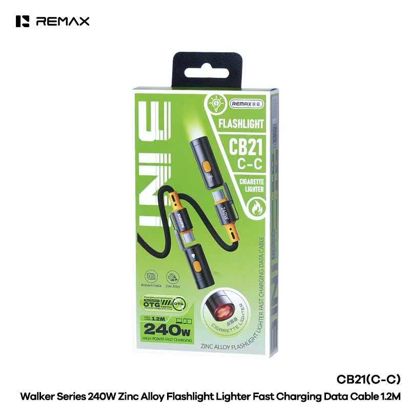 Cáp sạc nhanh tích hợp đèn REMAX Walker Series 240W Zinc Alloy Flashlight Lighter Fast Charging Data Cable CB21(C-C) 1.2M