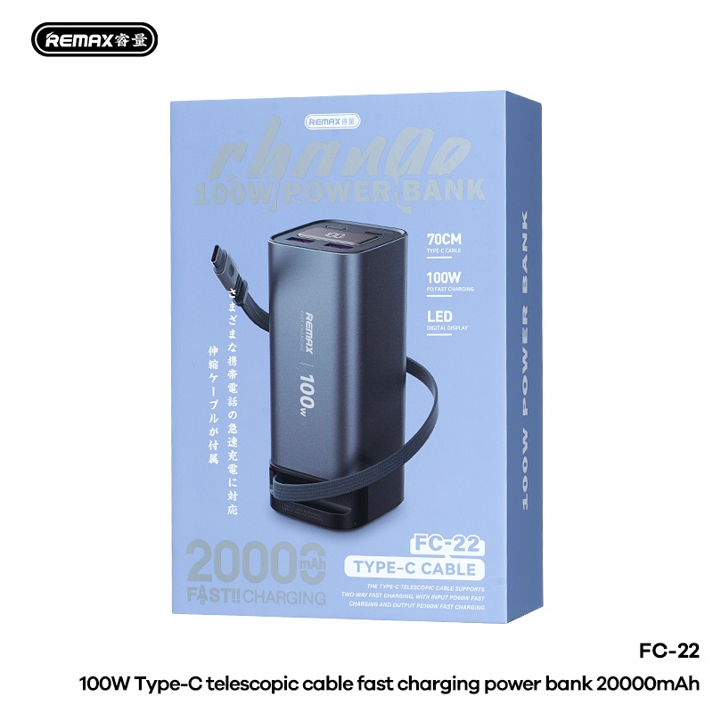 Pin dự phòng sạc nhanh 100W REMAX tích hợp cáp Type-C 20000mAh FC-22