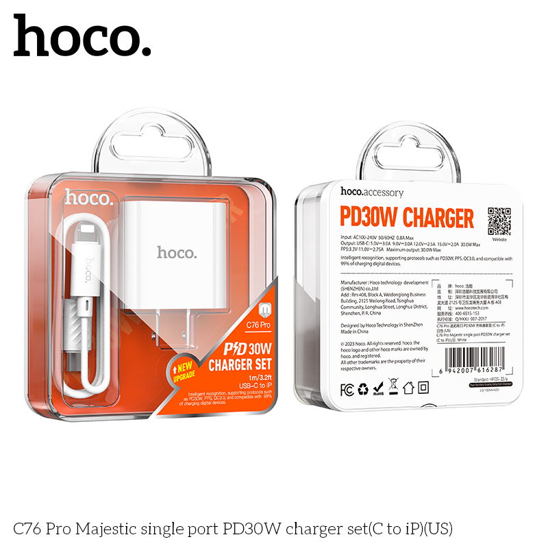 Bộ sạc Hoco C76 PRO PD30W một cổng MAJESTIC(TYPE C TO IP)(US)