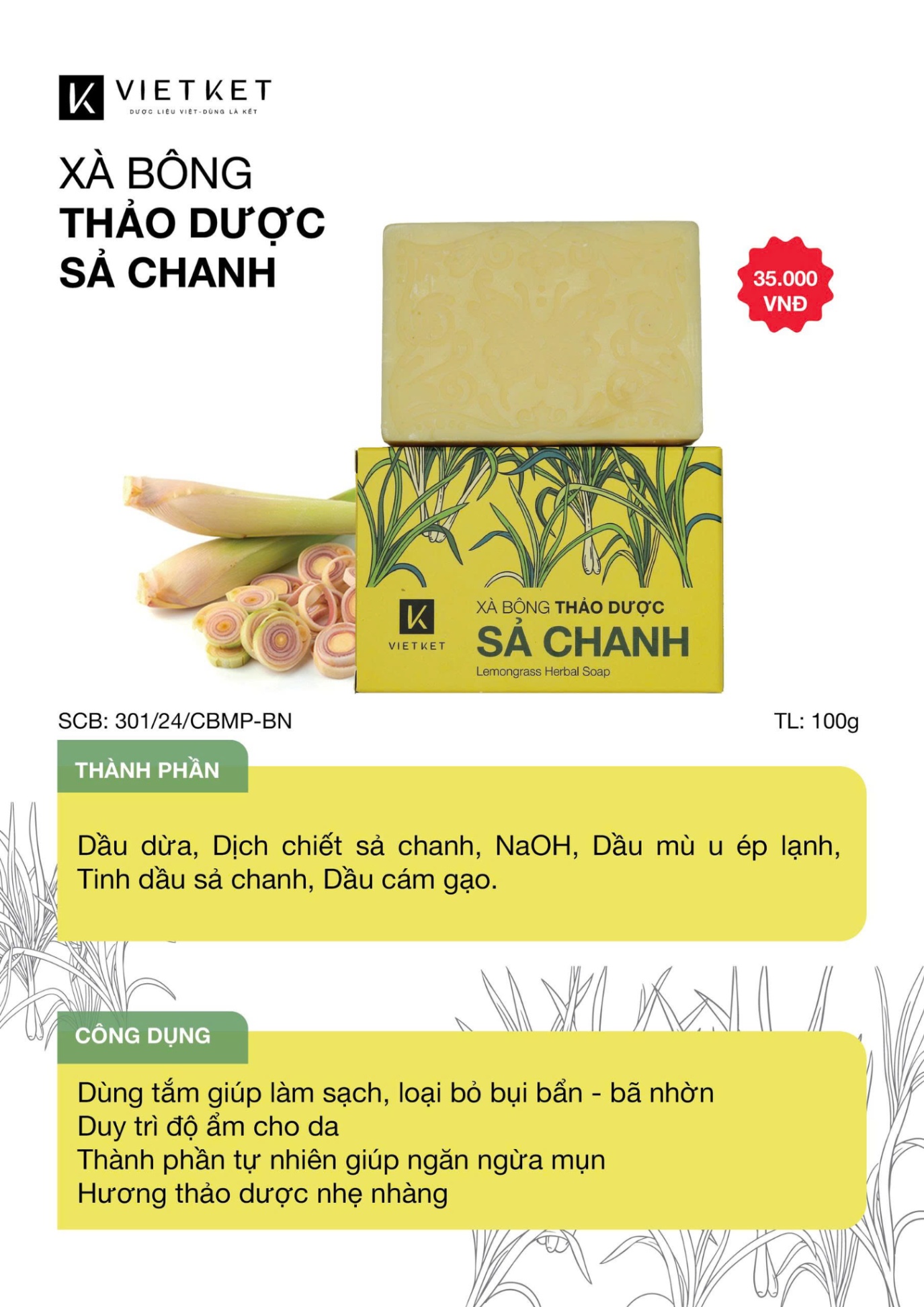 Xà Bông Tắm Thảo Dược Sả Chanh VIETKET 100g Giúp Sạch Da, Sáng Da, Giảm Mụn, Mờ Thâm, Dưỡng Ẩm