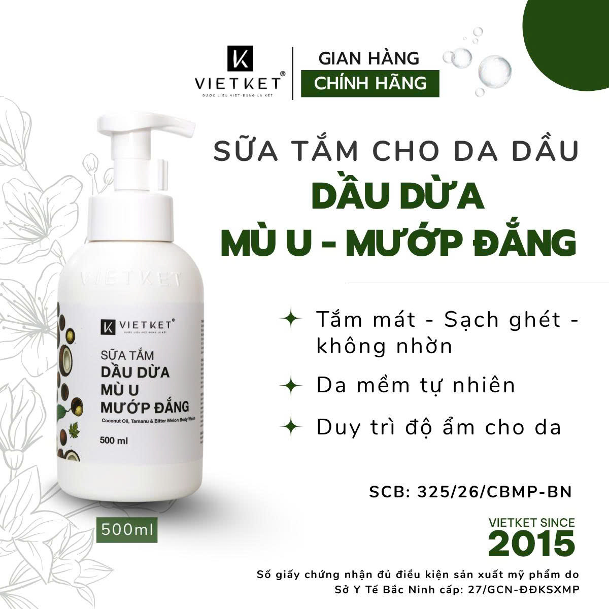 Sữa tắm dầu dừa, mù u, Mướp đắng - cho da dầu 500ml