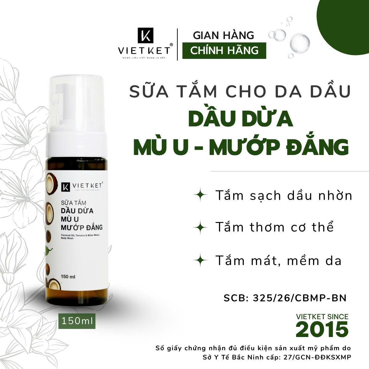 Sữa tắm dầu dừa, mù u, mướp đắng - cho da dầu 150ml
