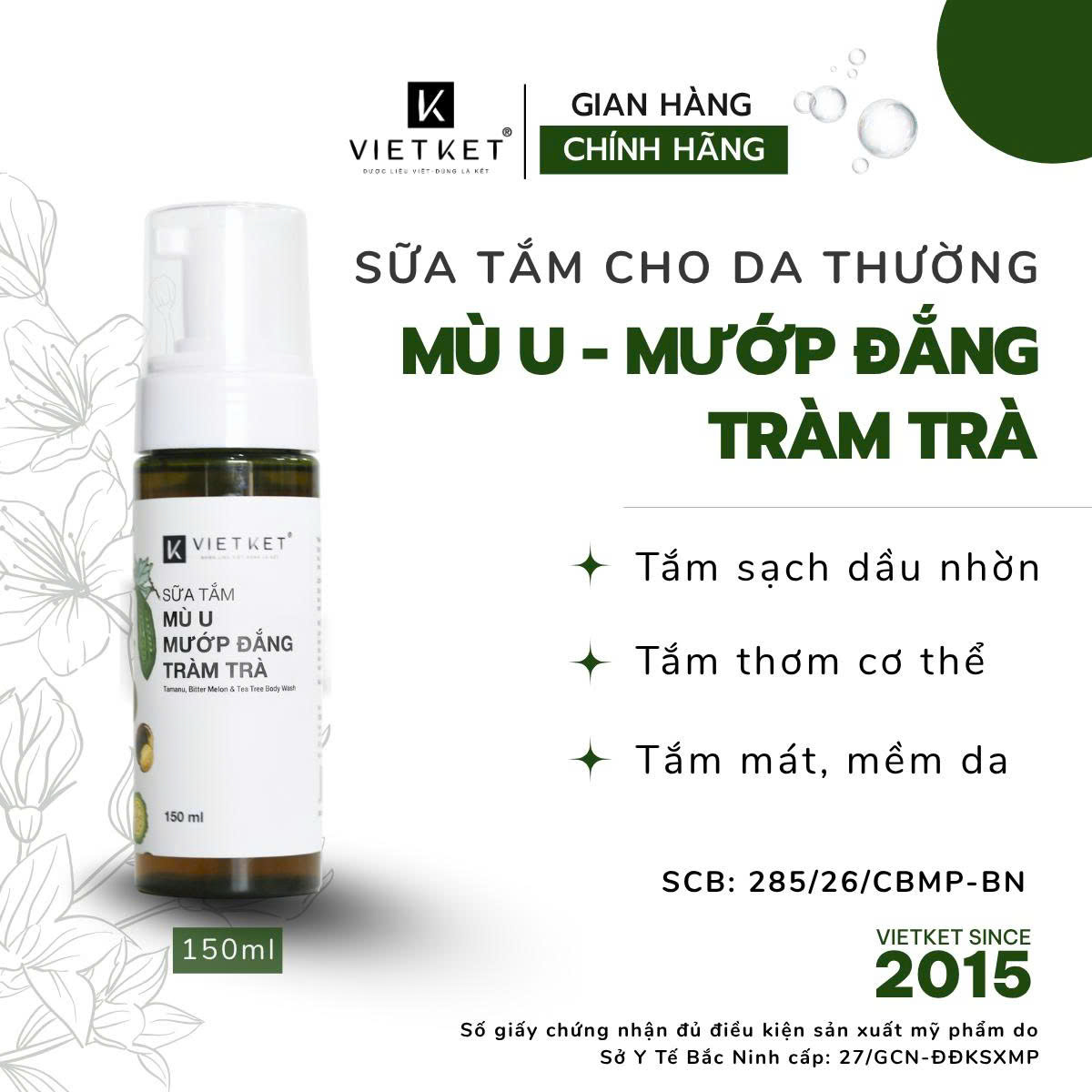 Sữa tắm mù u mướp đắng tràm trà - cho da thường 150ml