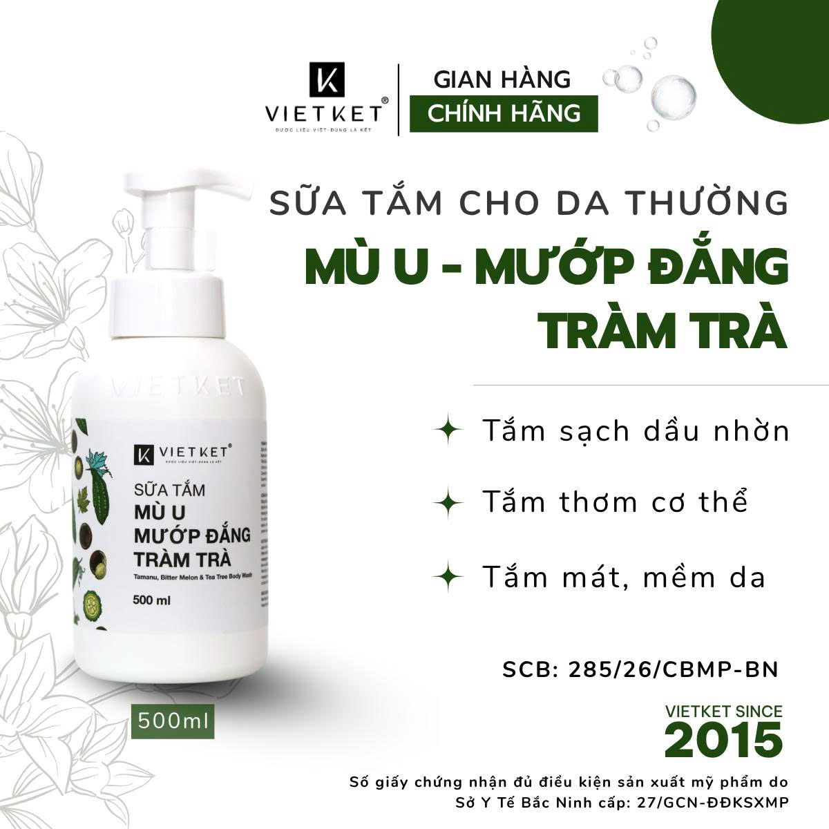 Sữa tắm mù u mướp đắng tràm trà - cho da thường 500ml