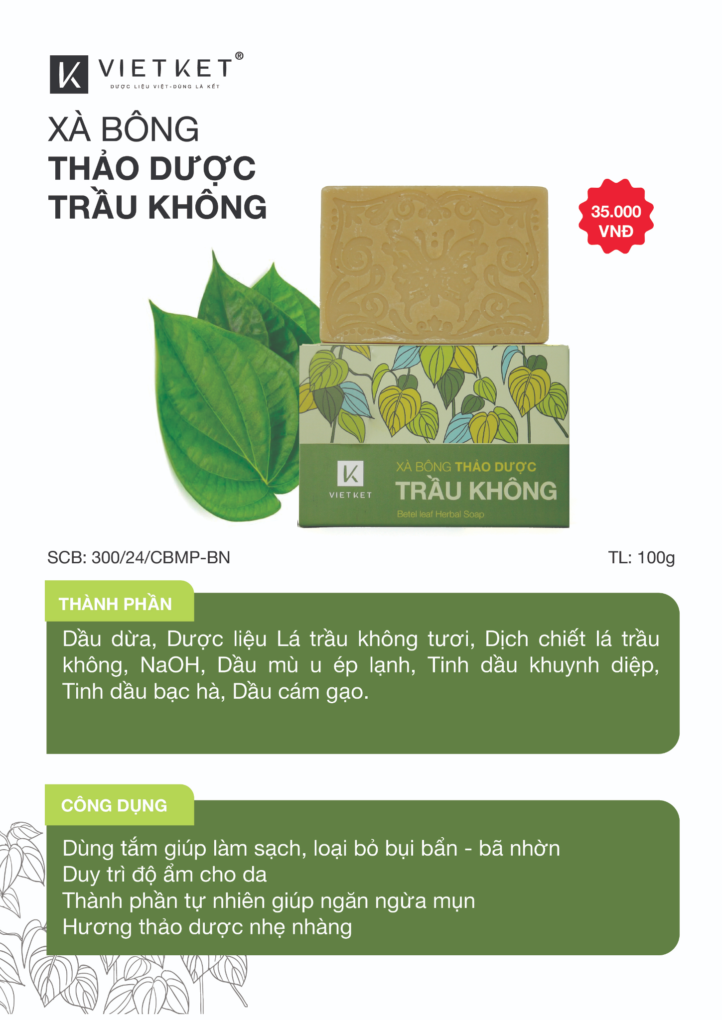 Xà Bông Tắm Thảo Dược Trầu Không VIETKET 100g Làm Sạch, Giảm Mụn Lưng, Sáng Da, Duy Trì Độ Ẩm