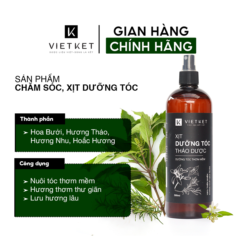 Xịt Dưỡng Tóc Thảo Dược VIETKET 500ml - Giảm Gãy Rụng, Phục Hồi Hư Tổn, Dưỡng Tóc Chắc Khỏe Mềm Mượt