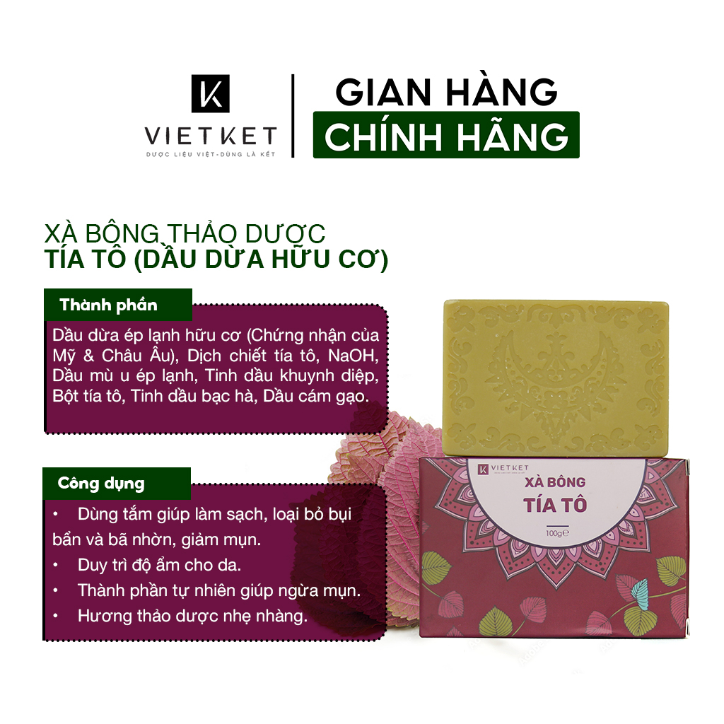 Xà Bông Tía Tô VIETKET DDHC 100g - Làm Sạch, Giảm Mụn Lưng, Sáng Da, Duy Trì Độ Ẩm, Hương Thơm Thảo Dược