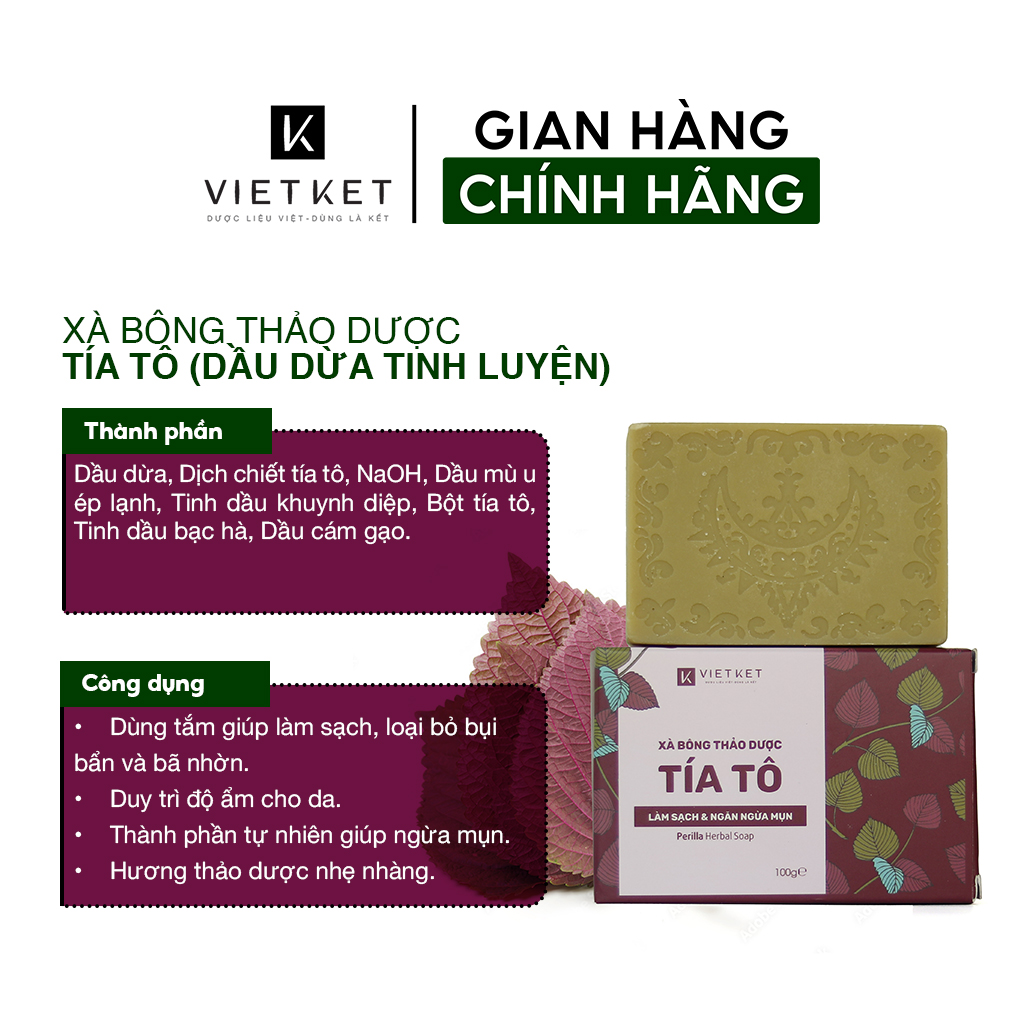 Xà Bông Thảo Dược Tía Tô VIETKET 100g - Làm Sạch, Giảm Mụn Lưng, Sáng Da, Duy Trì Độ Ẩm, Hương Thơm Thảo Dược