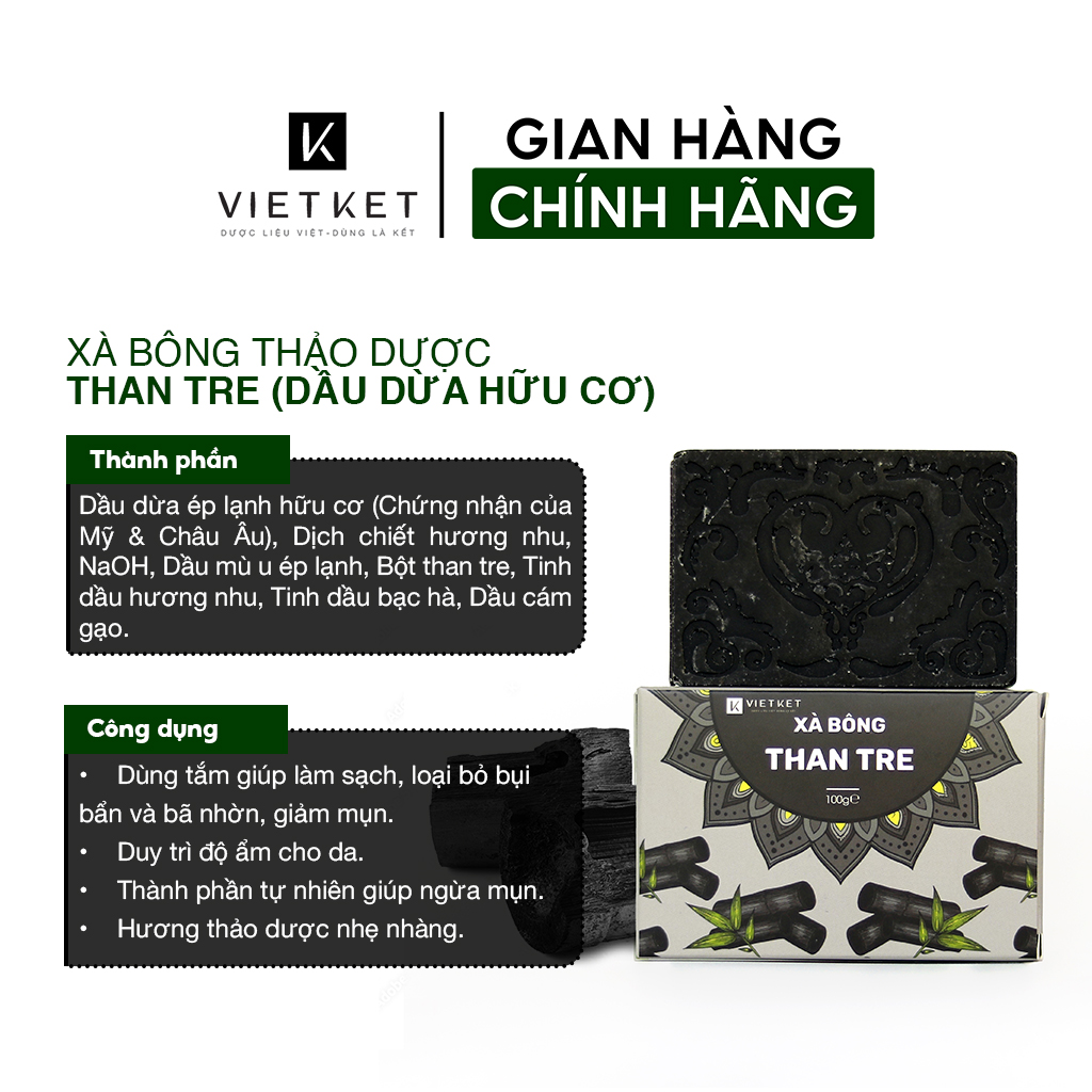 Xà Bông Than Tre VIETKET DDHC 100g - Làm Sạch, Giảm Mụn Lưng, Sáng Da, Duy Trì Độ Ẩm, Hương Thơm Thảo Dược