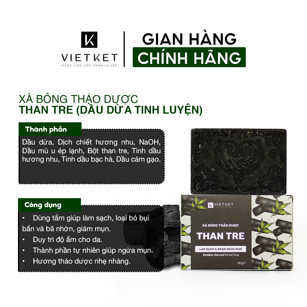 Xà Bông Thảo Dược Than Tre VIETKET 100g - Làm Sạch, Giảm Mụn Lưng, Sáng Da, Duy Trì Độ Ẩm, Hương Thơm Thảo Dược