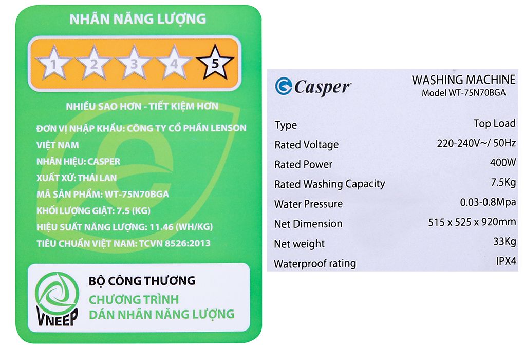 Máy giặt Casper 7,5kg Lồng đứng WT-75N70BGA