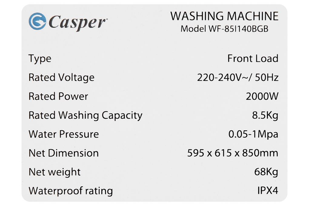 Máy giặt Casper 8,5kg Lồng ngang, inverter WF_85I140BGB