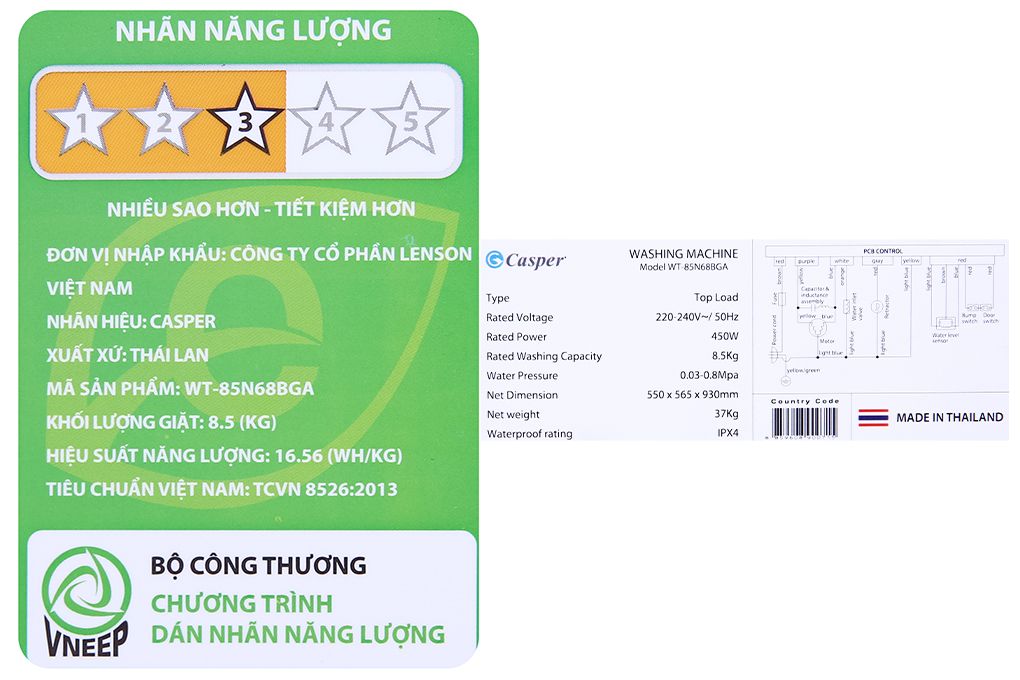 Máy giặt Casper 8,5kg Lồng đứng WT-85N68BGA