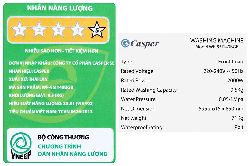 Máy giặt Casper 9,5kg Lồng ngang, inverter WF-95I140BGB