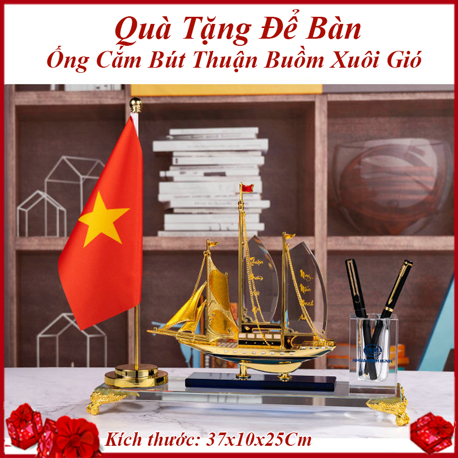 Quà Tặng Để Bàn Làm Việc  Cắm Bút Pha Lê Thuyền Buồm Phong Thủy Cột Cắm Cờ Để Bàn