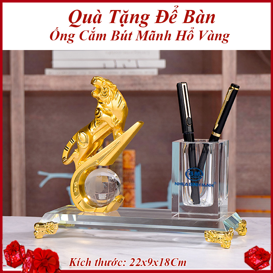 Ống Cắm Bút Mãnh Hổ Vàng Quà Tặng Để Bàn Pha Lê Cao Cấp Sang Trọng Độc Đáo