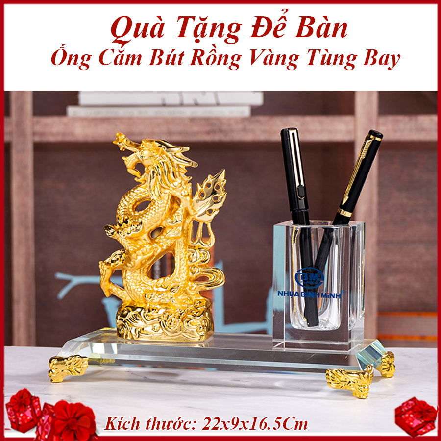 Ống Cắm Bút Rồng Vàng Tùng Bay Quà Tặng Để Bàn Pha Lê In Khắc Chữ Theo Yêu Cầu