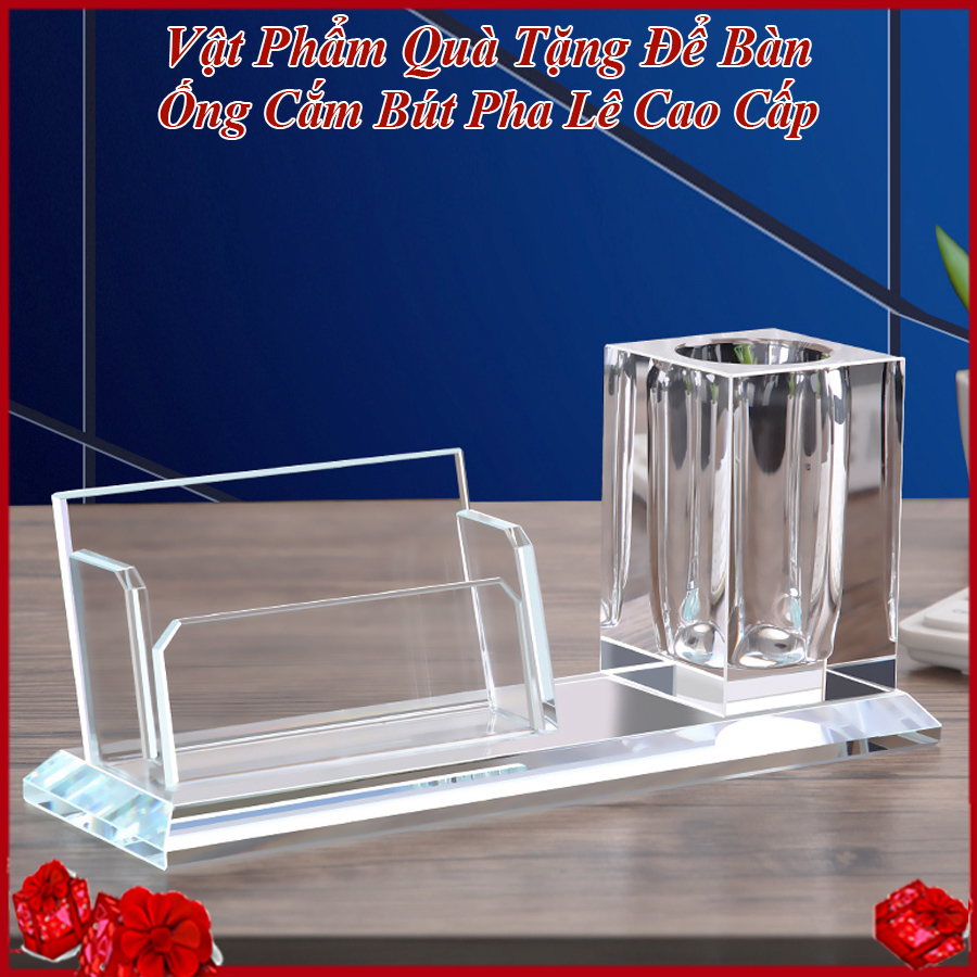 Vật Phẩm Để Bàn Làm Việc Gồm Ống Cắm Bút Và Để Danh Thiếp Chất Liệu Pha Lê Cao Cấp