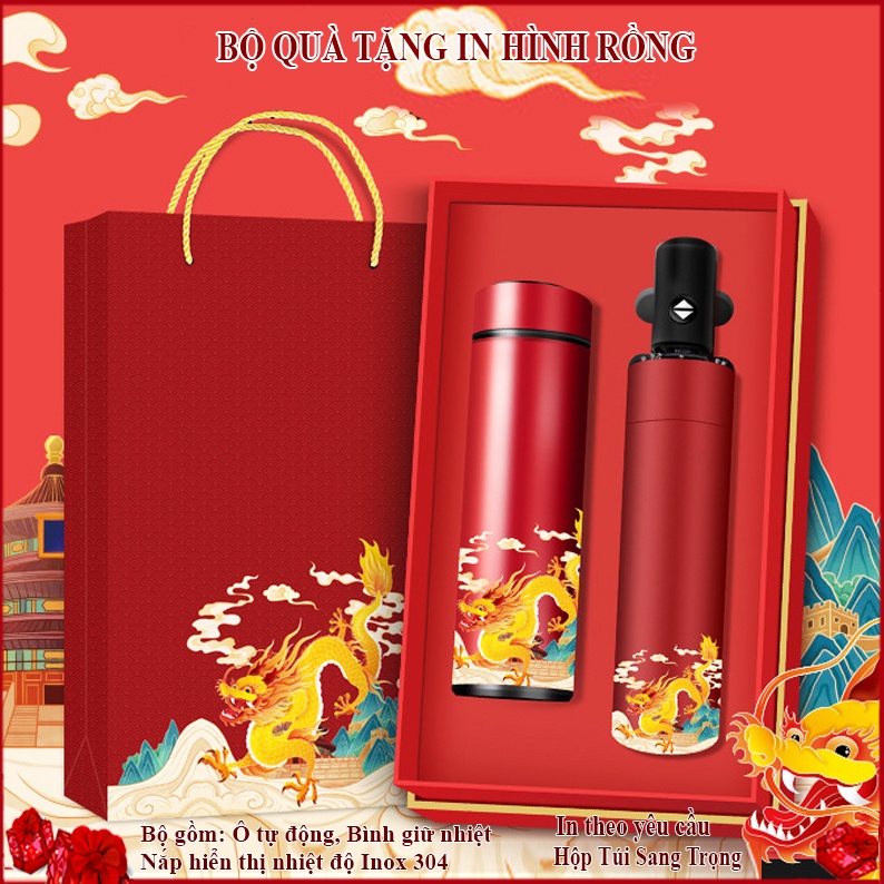 BỘ QUÀ TẶNG IN HÌNH RỒNG GỒM BÌNH GIỮ NHIỆT, Ô TỰ ĐỘNG SET 30 A