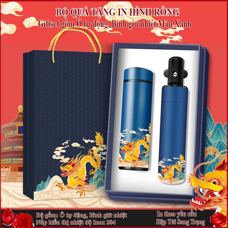 BỘ QUÀ TẶNG IN HÌNH RỒNG GỒM Ô TỰ ĐỘNG, BÌNH GIỮ NHIỆT MÀU XANH SET 23D