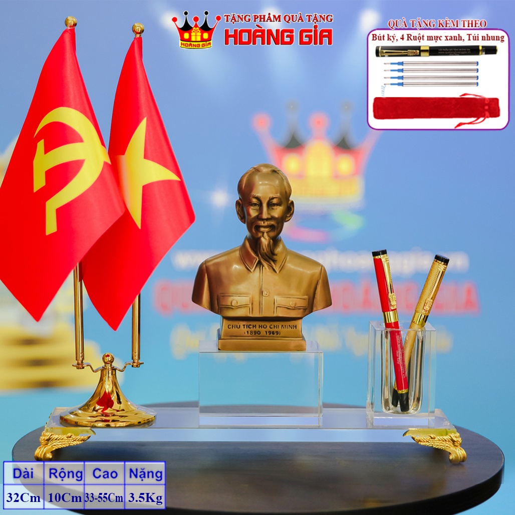 Bộ Tượng Bác Hồ Bằng Đồng Bán Thân Có Cột Cắm Cờ Đảng Cờ Tổ Quốc Để Bàn Làm Việc