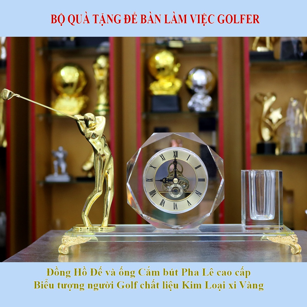 Bộ Quà Tặng Để Bàn Golfer Biêu Trưng Người Đánh Golf Kết Hợp Đồng Hồ Pha Lê CG238A