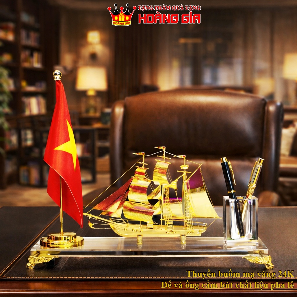 Bộ Cắm Bút Thuyền Mạ Vàng Cao Cấp Cờ Để Bàn