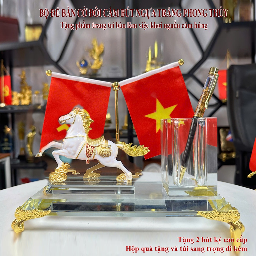 MĐ50 BỘ ĐỂ BÀN CỜ ĐÔI CẮM BÚT NGỰA TRẮNG PHONG THỦY