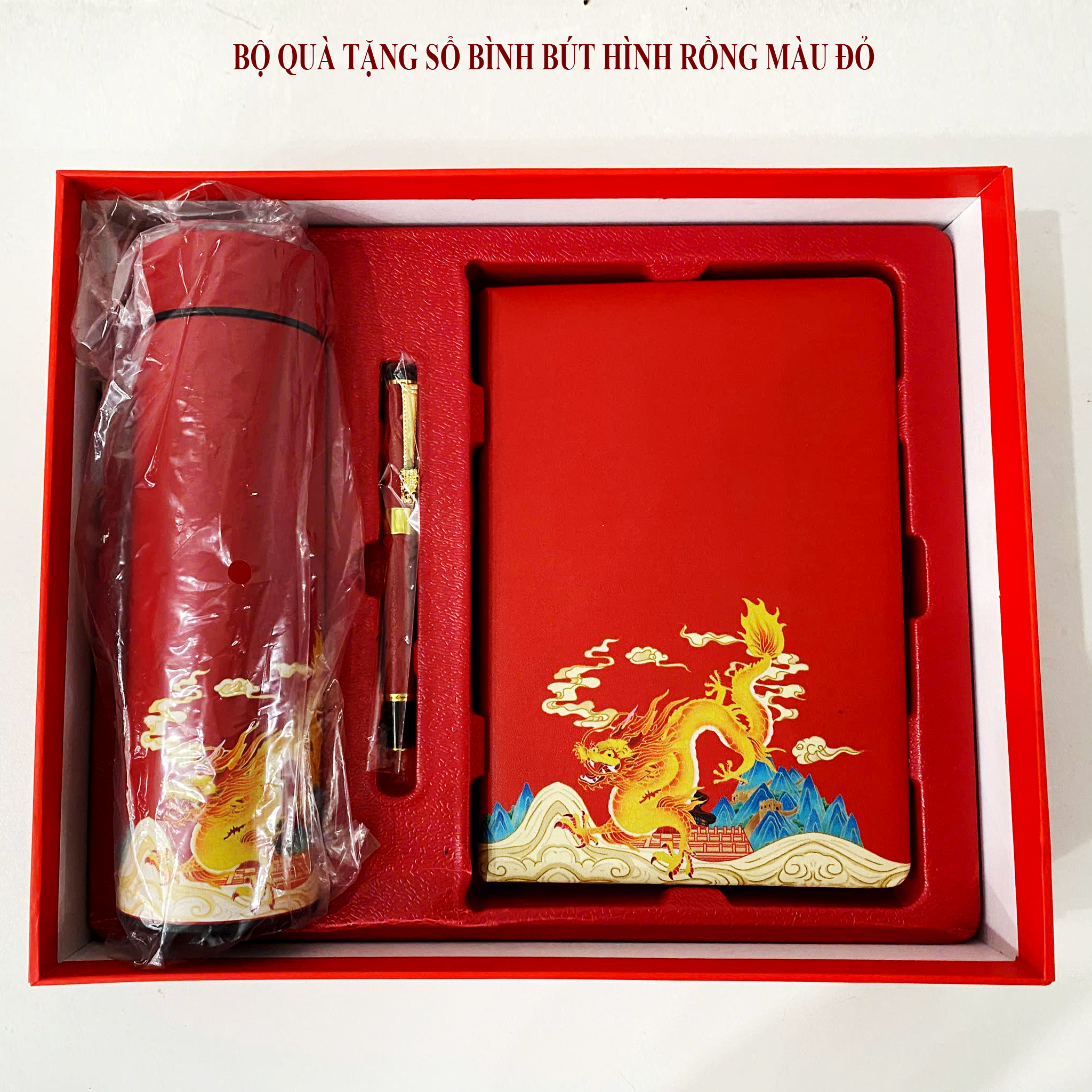 BỘ QUÀ TẶNG IN HÌNH RỒNG GỒM SỔ, BÚT, BÌNH GIỮ NHIỆT HIỂN THỊ NHIỆT ĐỘ SET 32A