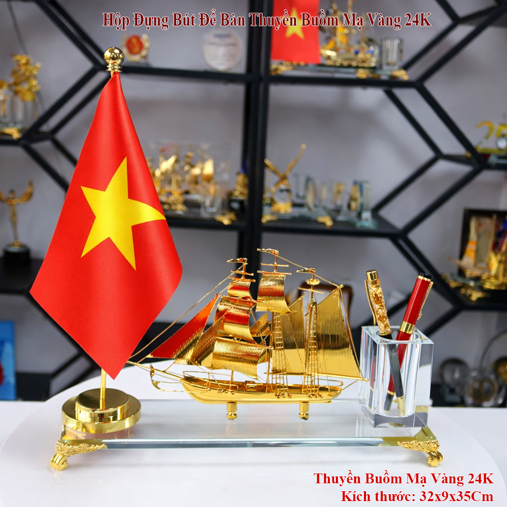 Bộ Cắm Bút Thuyền Mạ Vàng Cao Cấp Cờ Để Bàn