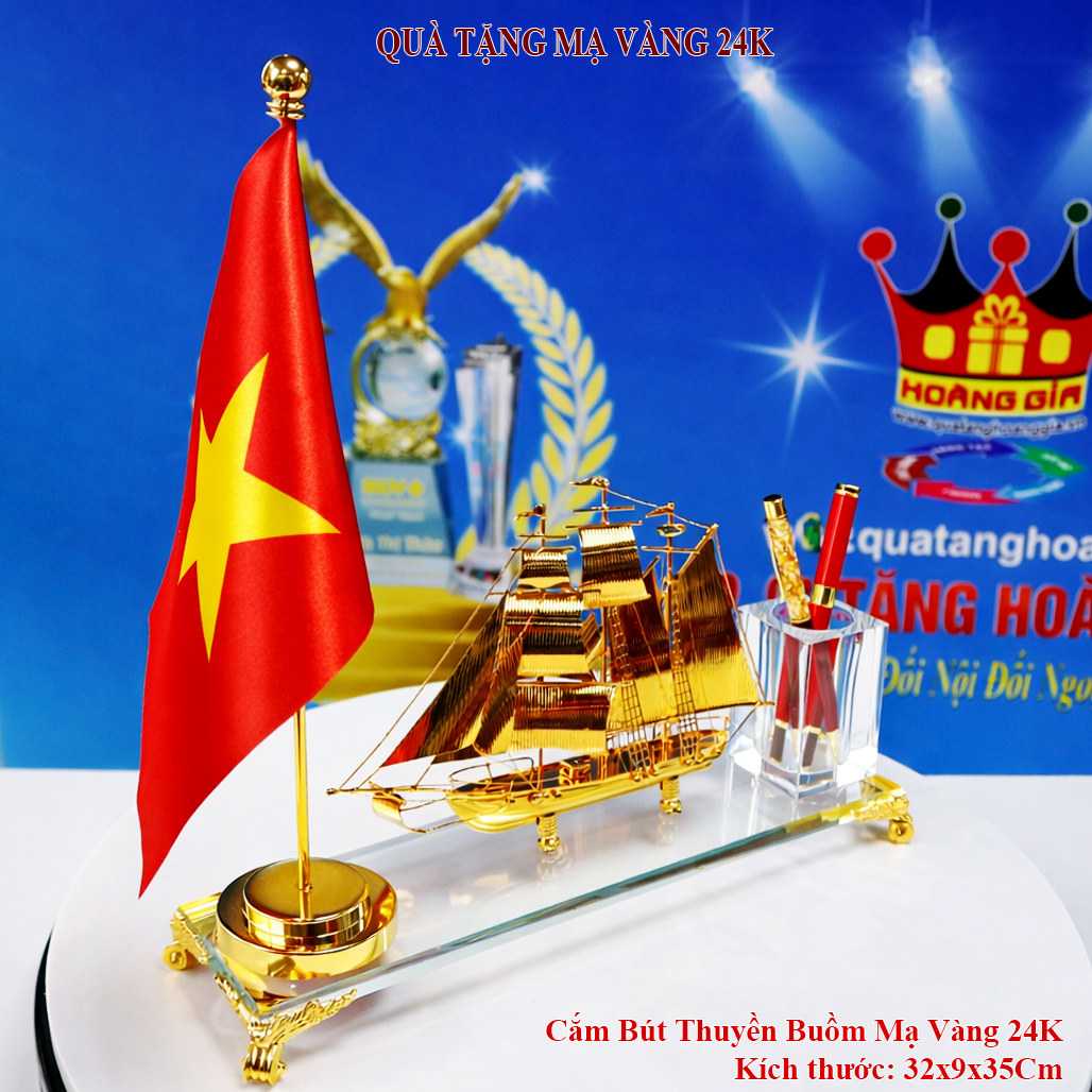 Bộ Cắm bút Thuyền Vàng 24K Cờ Việt Nam QTV 35