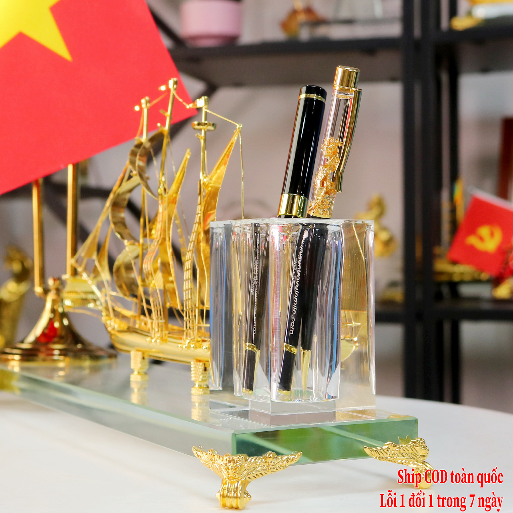 Bộ Cắm bút Thuyền Vàng Cờ Đôi Inox QTV 36